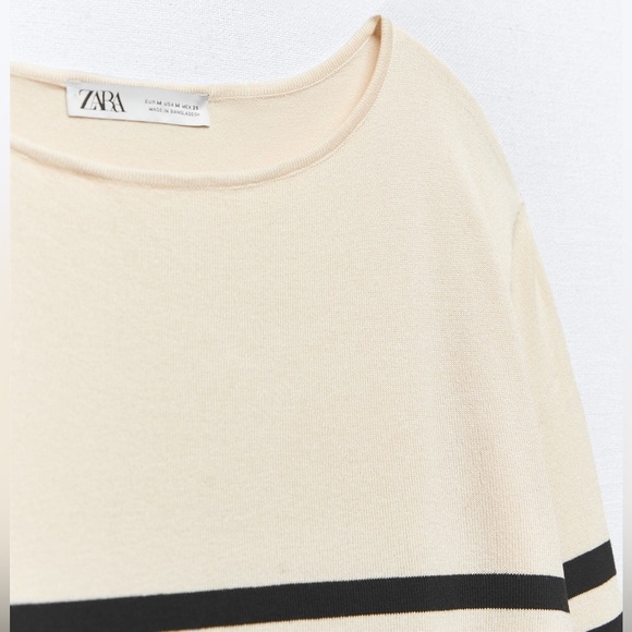 Zara cream and black stripe knit top Long sleeve round neck sweater size medium - Picture 2 of 9